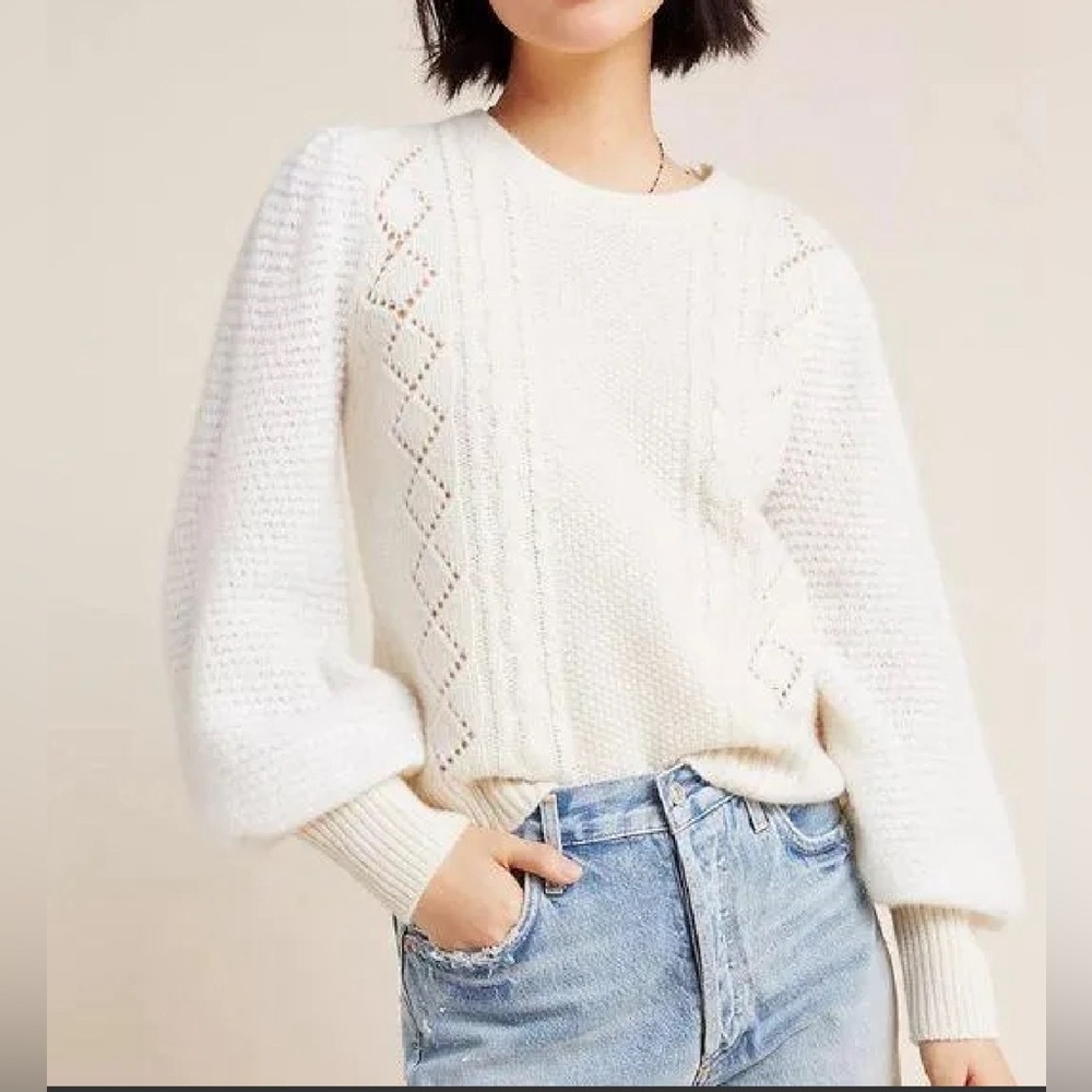 Anthropologie Elizabeth Pointelle Lambswool Alpaca  Puffed Sleeve Sweater S L7